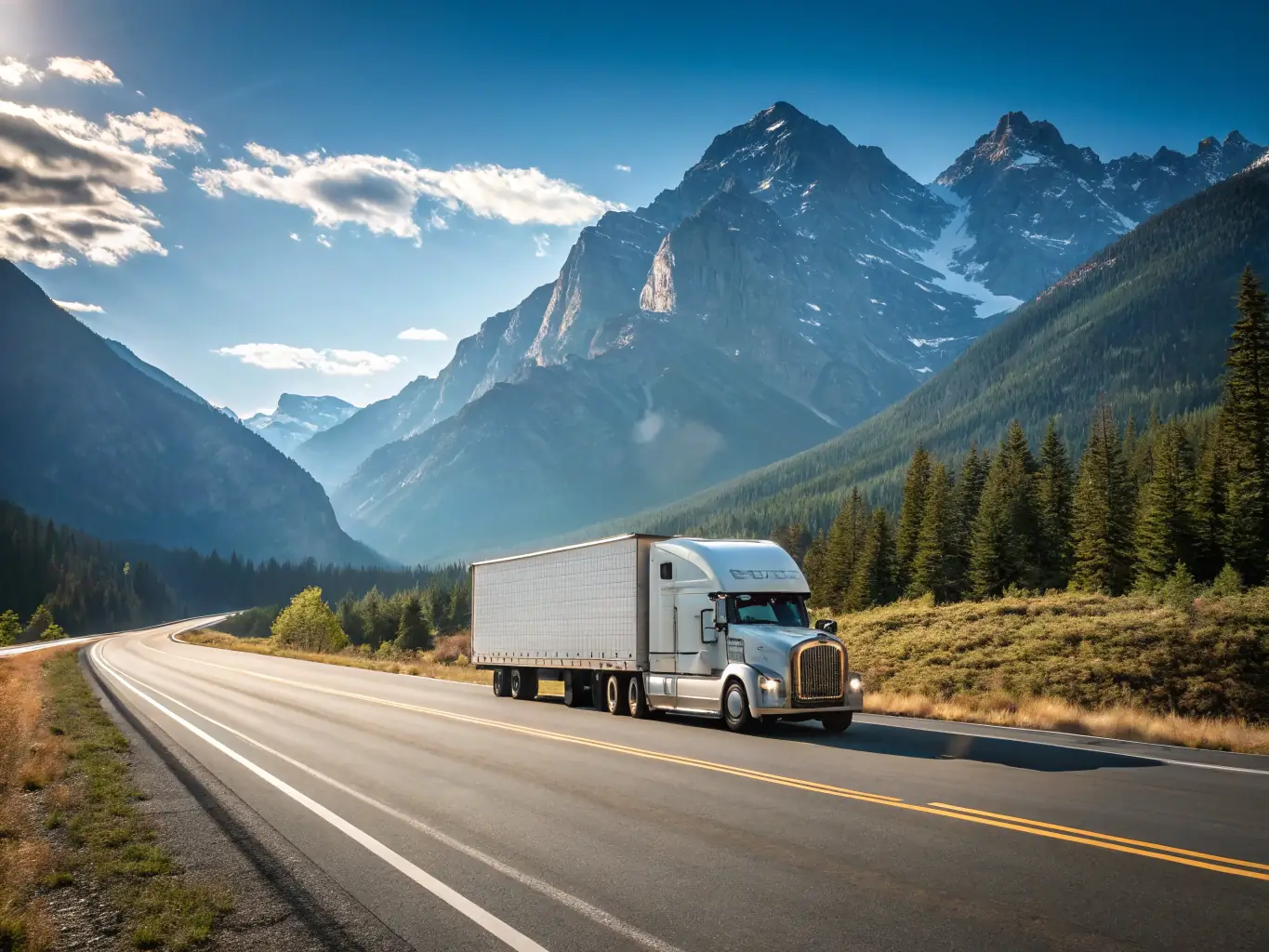 A delivery truck speeding on a Swiss highway with mountains in the background.