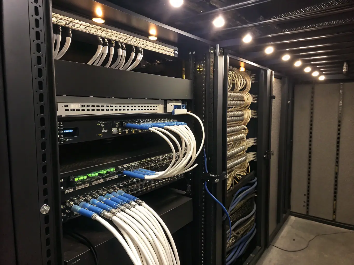 High-resolution image of organized cable racks with fiber optic and power cables in a telecom infrastructure setting