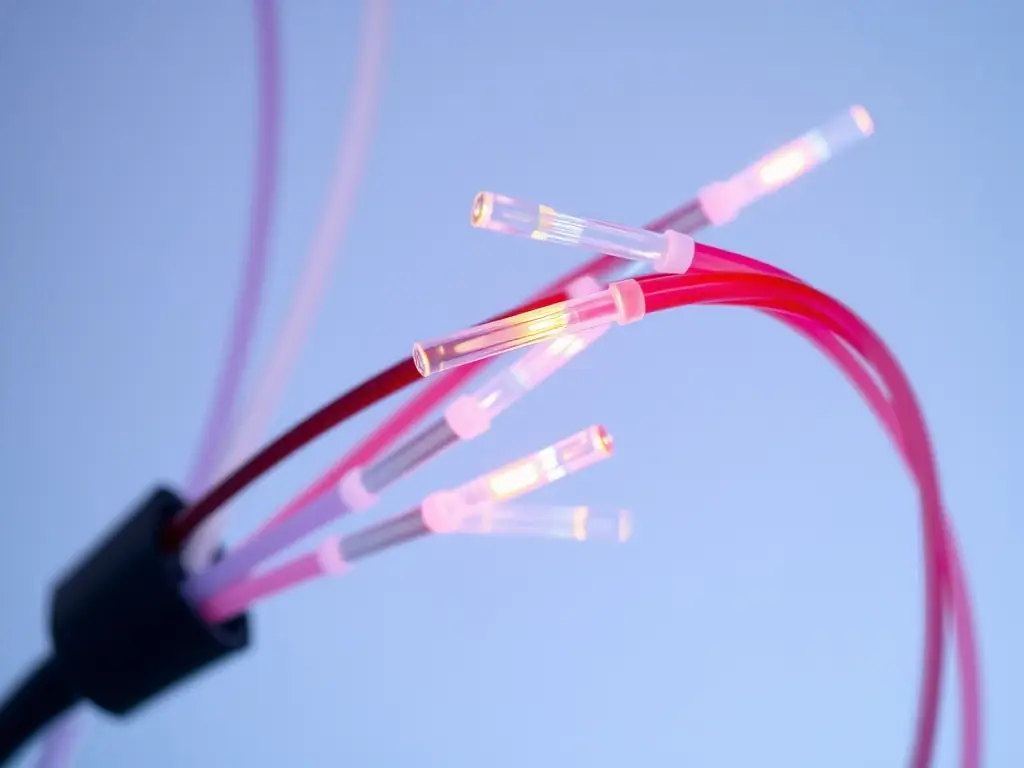 Close-up of fiber optic and power cables with connectors, emphasizing high-quality industrial-grade materials