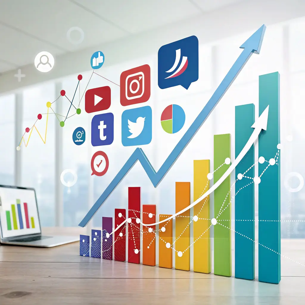 A graph showing upward trending lines, symbolizing growth, with digital marketing icons overlaid, representing content strategy, SEO, and audience engagement. The color scheme should incorporate yellow and orange hues.