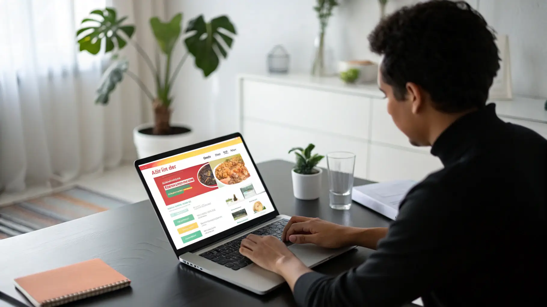 A person shopping online using a laptop, with various product images displayed on the screen. The background shows a modern, minimalist home office setup.