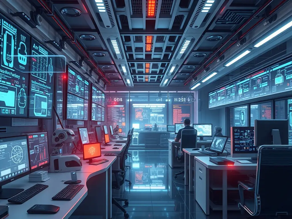 A sleek, modern workspace with AI robots and web development gurus collaborating on digital projects, symbolizing innovation and expertise.