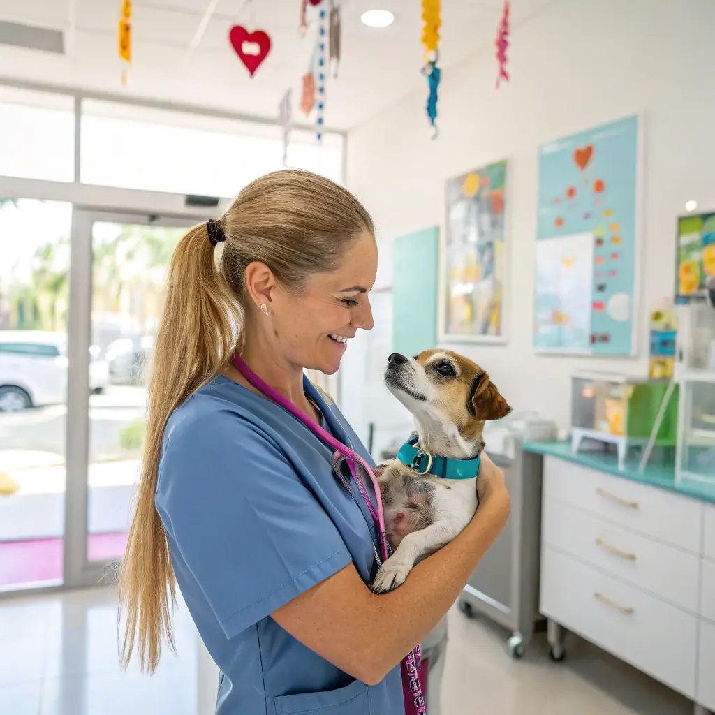 A friendly veterinarian consulting with a happy dog owner via a laptop, with a playful dog sitting nearby in a cozy home setting. This image will be used to illustrate prrrcare's virtual vet support feature.