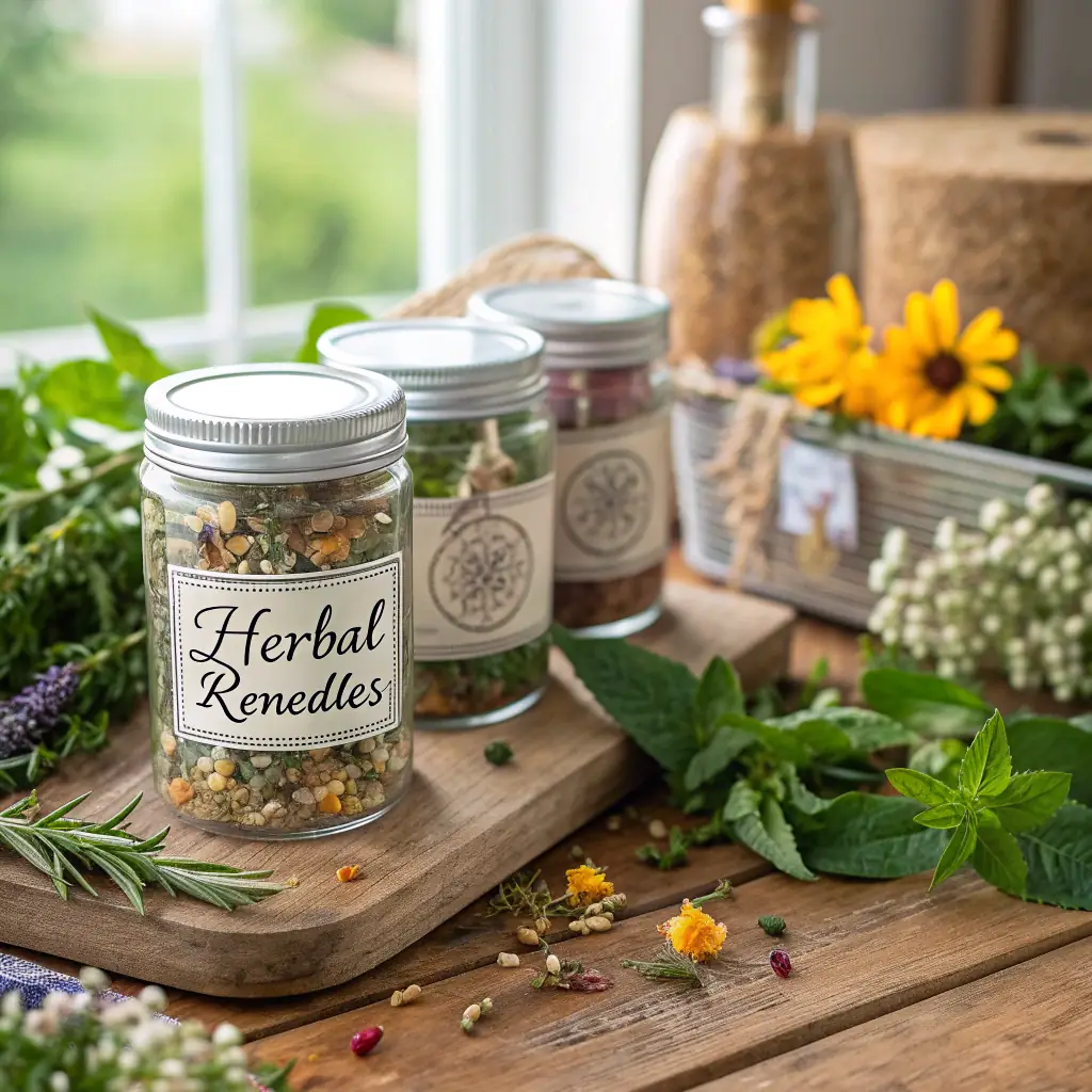 A well-organized natural medicine cabinet filled with tinctures, dried herbs, and homemade remedies, emphasizing self-sufficiency and natural healing.