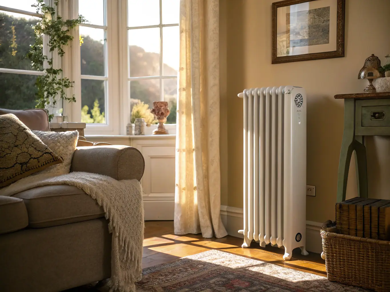 A modern water-based heating system with radiators installed in a stylish living room, providing efficient and comfortable heating.