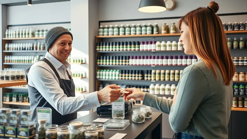 A customer happily picking up their order from Green Legacy dispensary, showcasing the ease and convenience of the pick-up service, with a focus on the rewards program benefits.