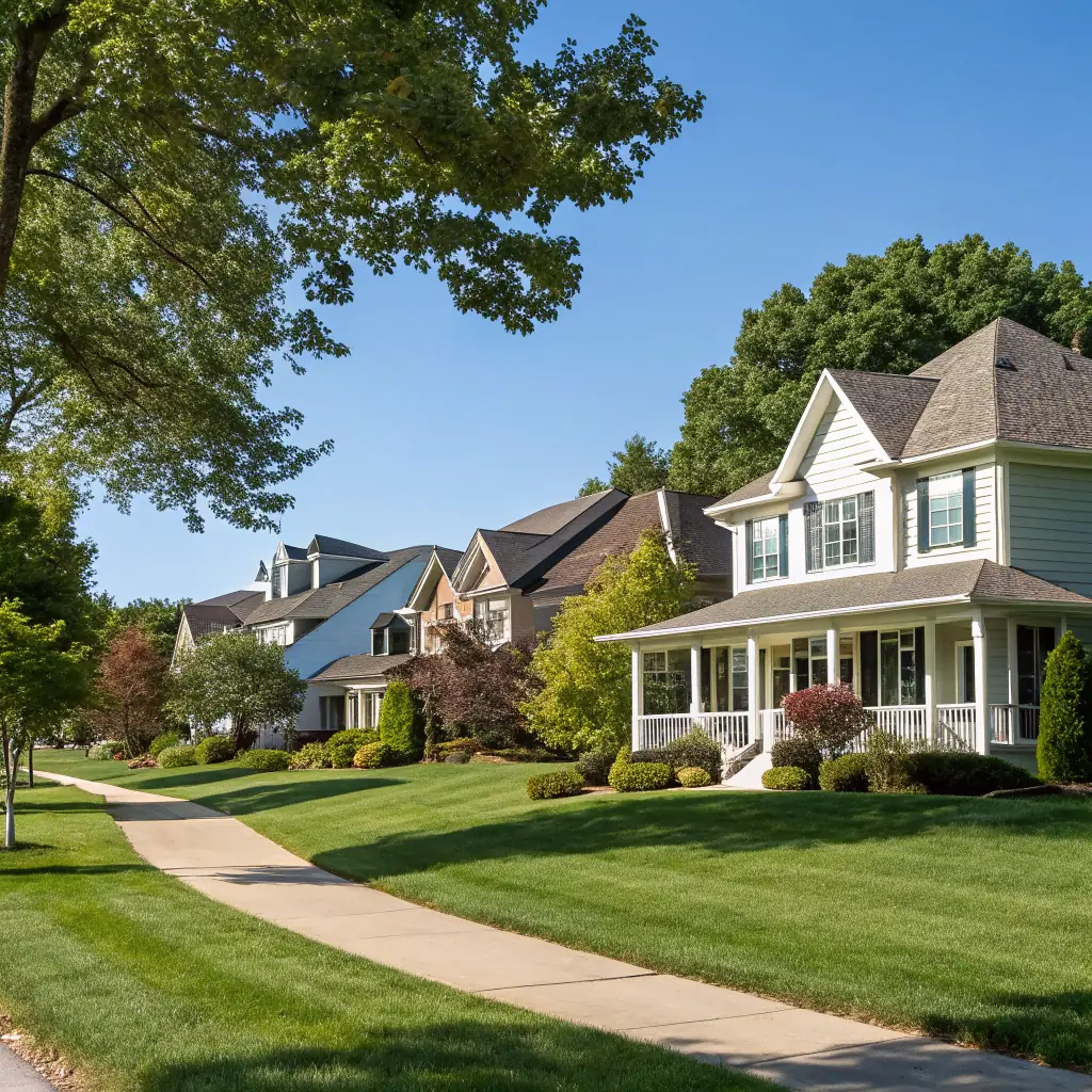 A scenic photograph of a peaceful, small-town neighborhood in Chisago County, Minnesota, under a clear blue sky. The image should evoke a sense of community and connection, with a soft, slightly transparent overlay that allows the text to stand out while maintaining the visual appeal.