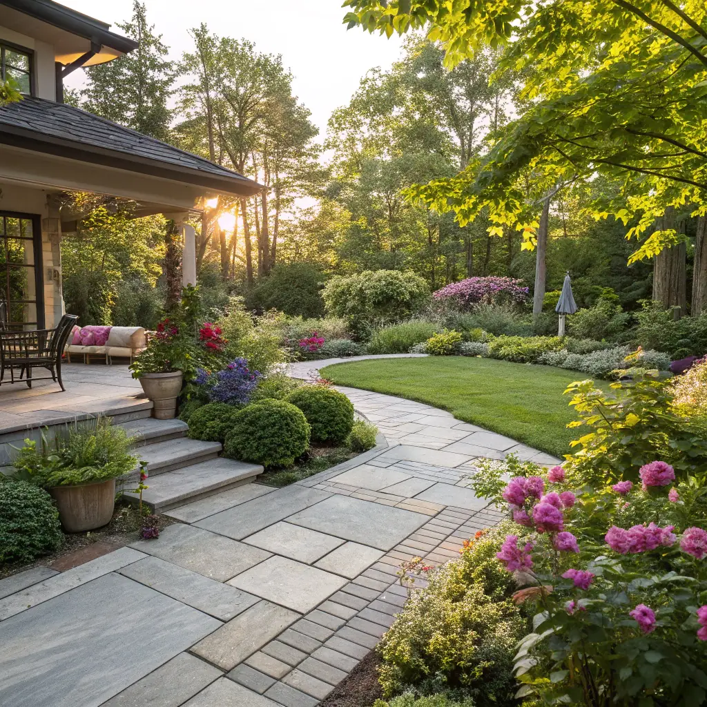 A professionally designed Kent garden with a mix of lush planting, a modern patio, winding paths, and structured beds, showing a family enjoying the space on a sunny day, with a Hollyoake Landscapes Ltd sign discreetly visible.