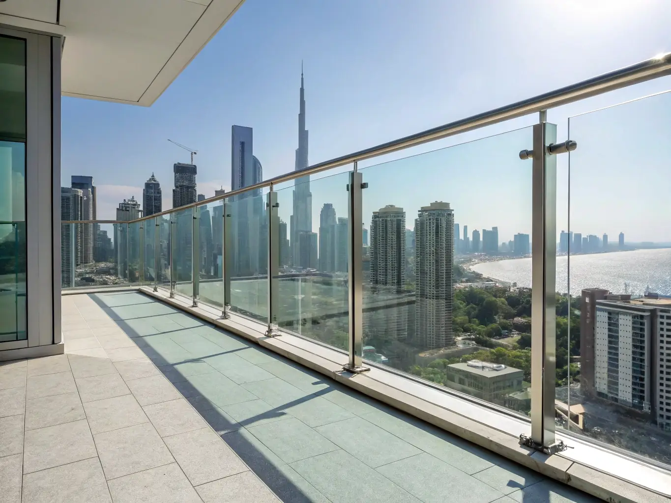 A modern balcony with invisible grills, showcasing an unobstructed view and a clean, minimalist design. In the background, a cityscape of Ahmedabad is visible.