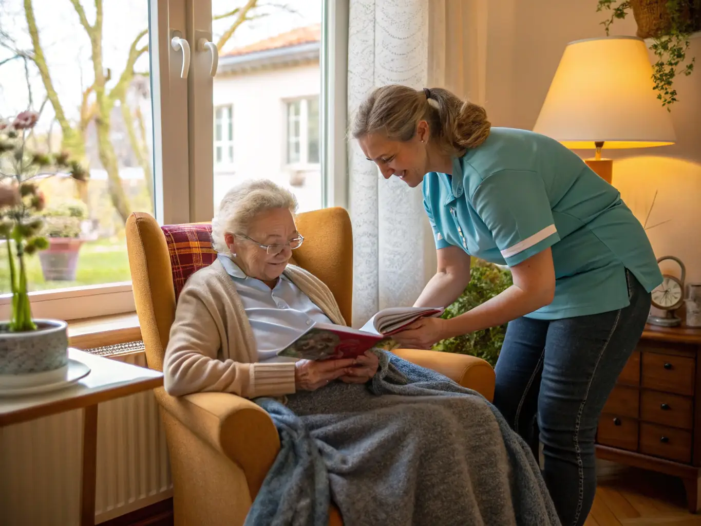 A senior person receiving care at home, with a caregiver assisting them. The scene is warm and supportive, emphasizing the importance of in-home services.