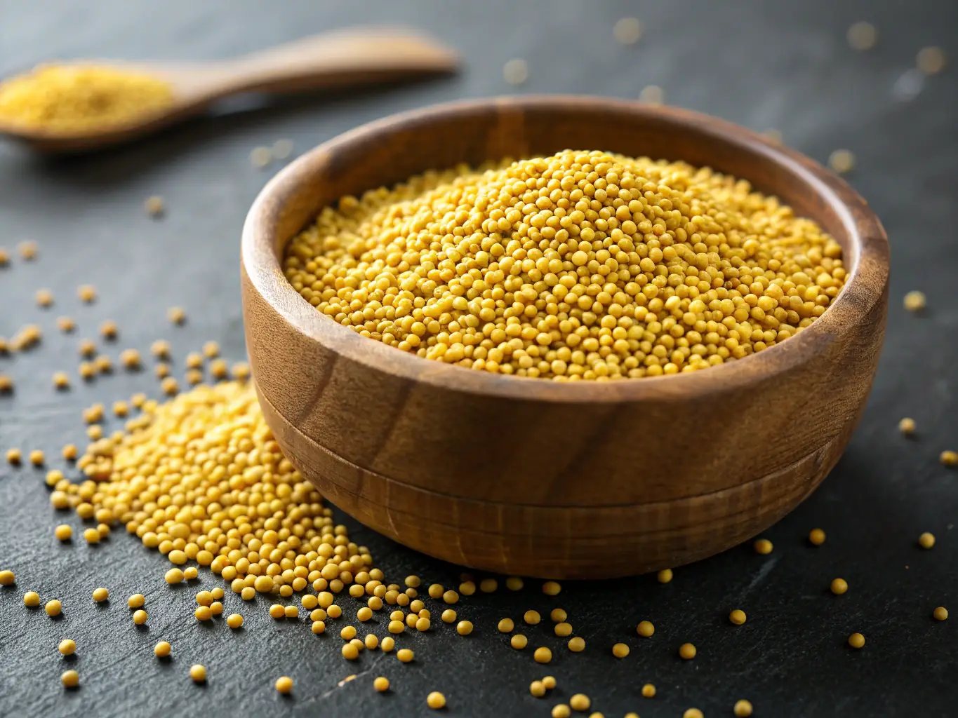 Close-up of vibrant, healthy seeds in a wooden bowl, showcasing the quality and care taken in their cultivation.