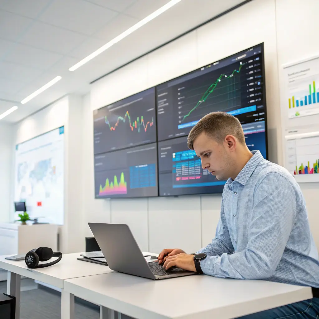 A technician remotely monitoring a network dashboard with various graphs and alerts, showcasing the proactive nature of RMM services. The setting is a modern office environment, emphasizing the professional and reliable nature of Tim's IT.