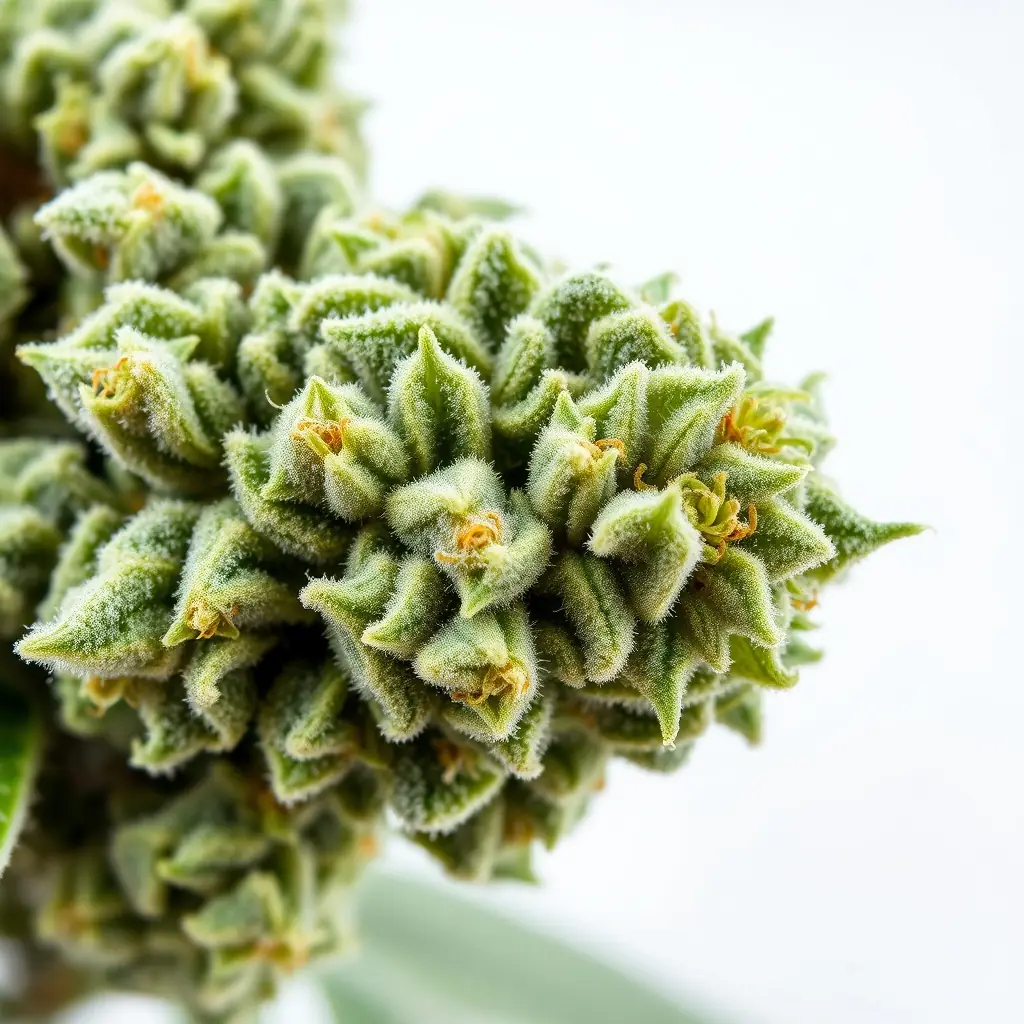 Close-up shot of Crushed Ice Flower DC, showcasing its frosty trichomes and dense bud structure. The image should highlight the premium quality and appealing appearance of the cannabis strain.