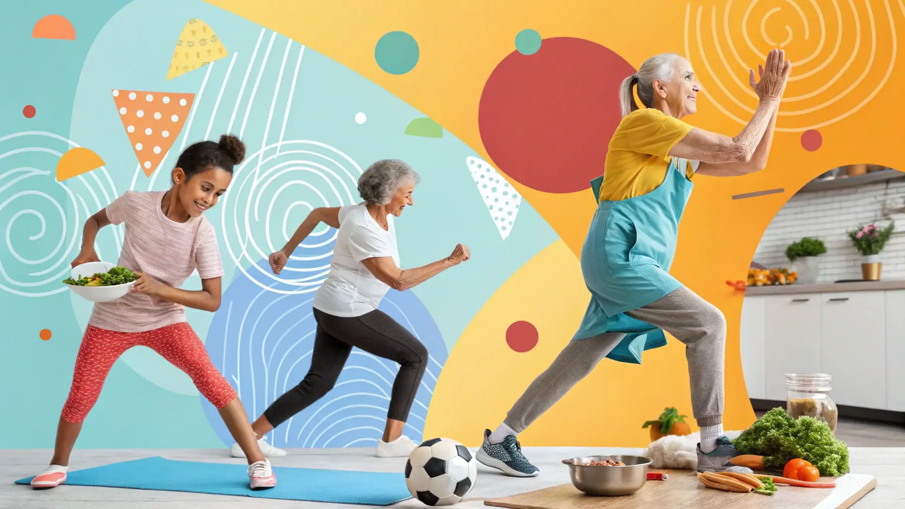 A vibrant illustration featuring scientists, athletes, and individuals engaged in healthy activities, symbolizing the integration of science and lifestyle.