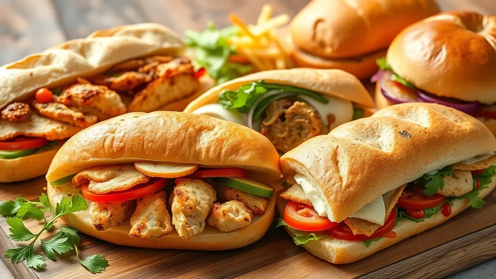 A vibrant, high-resolution image of canned chickpea salad sandwiches made with mashed chickpeas, diced celery, red onion, and a creamy dressing (mayo or Greek yogurt). The filling is layered between slices of whole-grain or sourdough bread. Optional lettuce or arugula peeking out. Sandwiches are cut in half and stacked or laid on a wooden board. Bright, natural lighting with a fresh, healthy, beginner-friendly vibe.