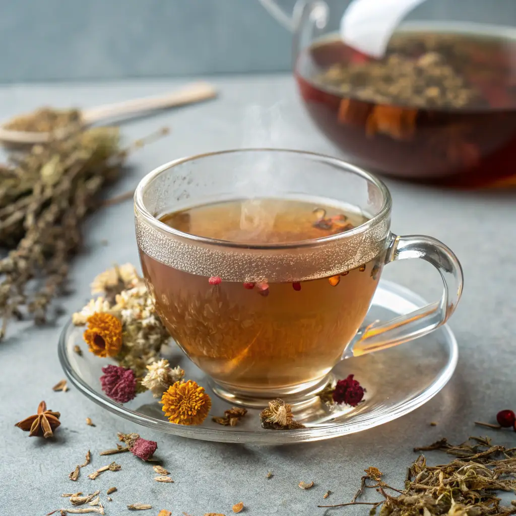 A steaming cup of VitalBrew tea with visible herbs and natural ingredients, placed on a wooden table with a blurred background of a serene garden. The lighting should be soft and natural, emphasizing the warmth and health benefits of the tea.
