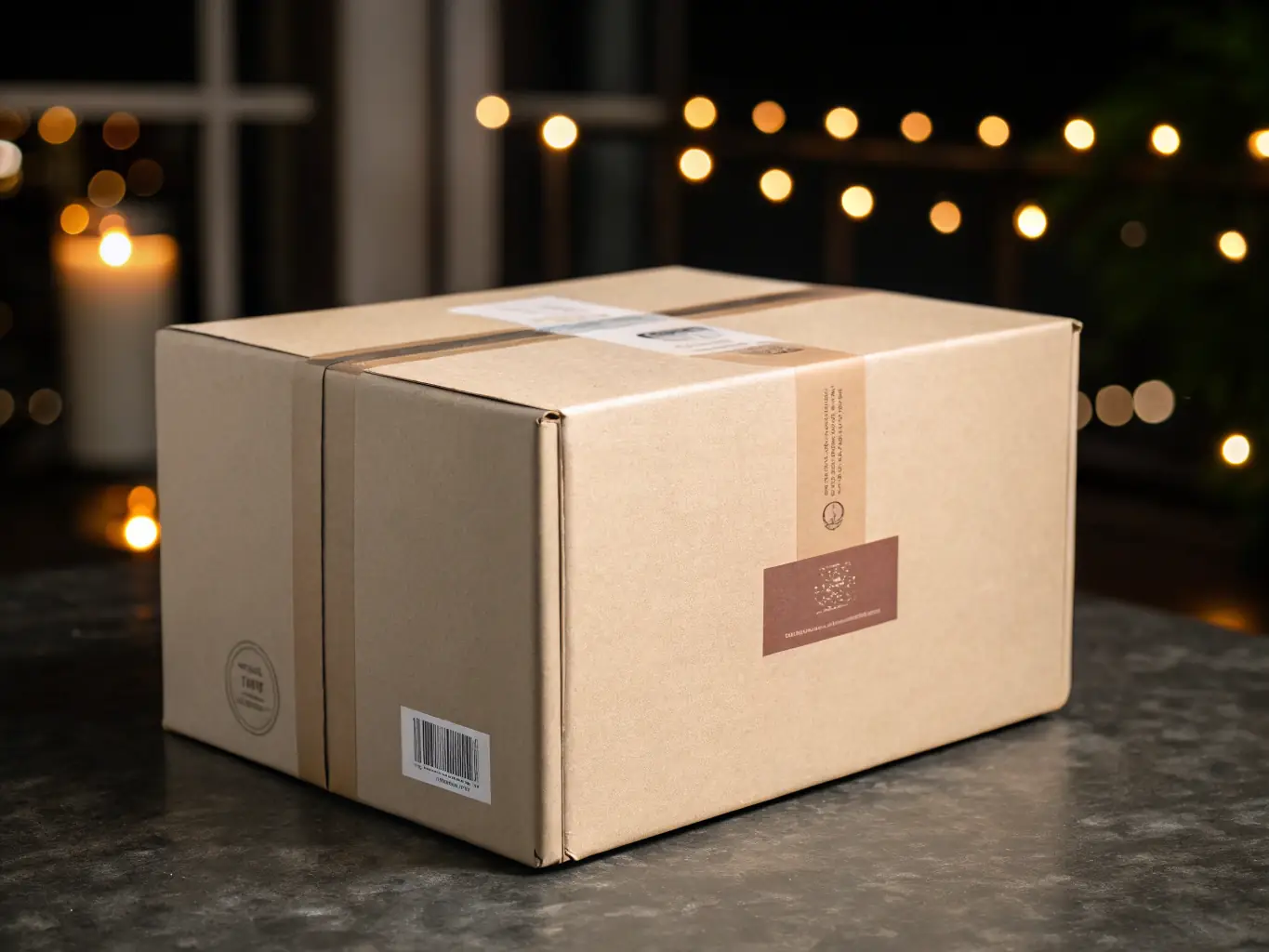 A close-up shot of a plain, unmarked shipping box being sealed with tape, emphasizing the discreet packaging. The background is a blurred image of a modern, minimalist warehouse.