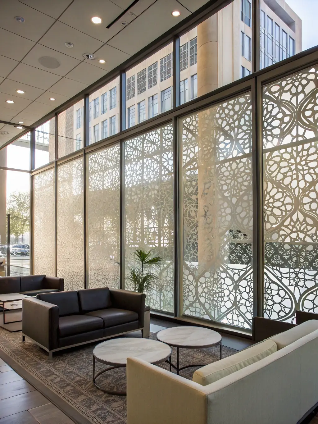 A modern architectural space featuring high windows and skylights treated with advanced solar control film, maintaining optimal light and temperature.