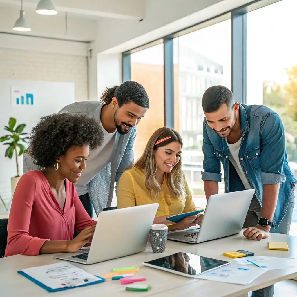 A digital marketing team at Omegacube Agency collaborating on a website design using AI-powered tools, showcasing the integration of Google AI Studio and 10Web for rapid prototyping and deployment.
