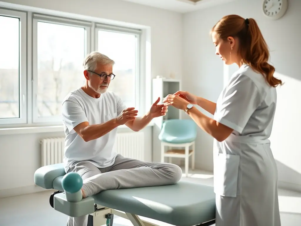A physiotherapist assisting a patient with a musculoskeletal condition, showcasing the clinic's expertise and patient-centered approach.