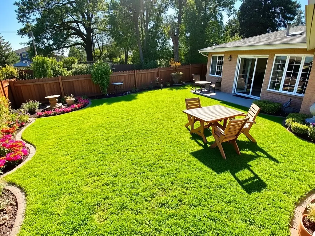 An image of a beautifully landscaped backyard with a patio, lush lawn, and decorative plants, exemplifying Flawsee Landscaping's work.