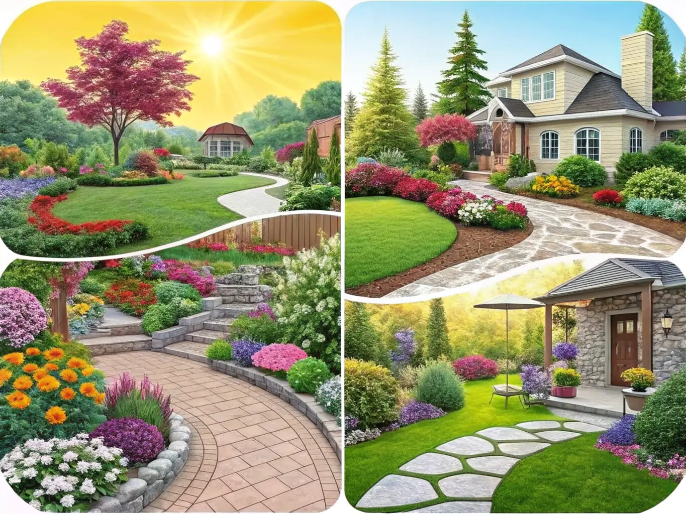 A collage of lush gardens, vibrant plants, and expertly installed features showcasing Flawsee Landscaping's craftsmanship.