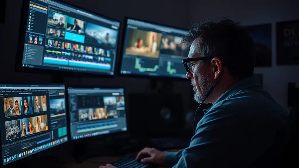 A professional video editor working on a computer with multiple screens, editing a video project with advanced software.