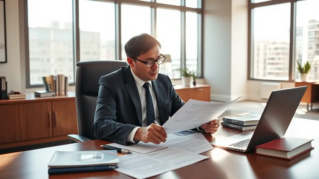 A lawyer reviewing legal documents related to a notice, with a focus on detail and accuracy. The setting is a modern law office.