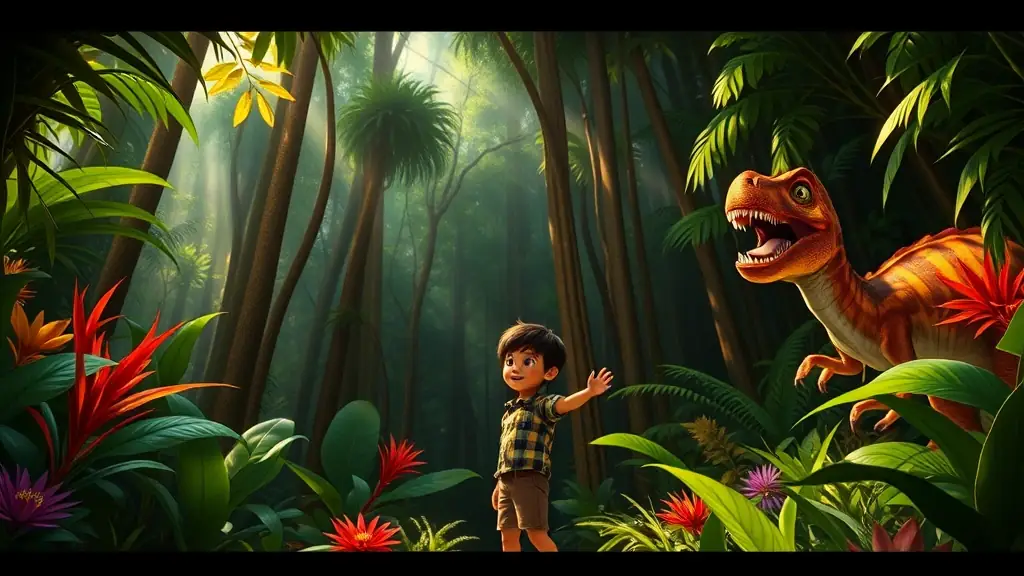 Imagen de una página de ejemplo con ilustraciones coloridas y texto personalizado de 'Miguel y los Dinosaurios Perdidos'.