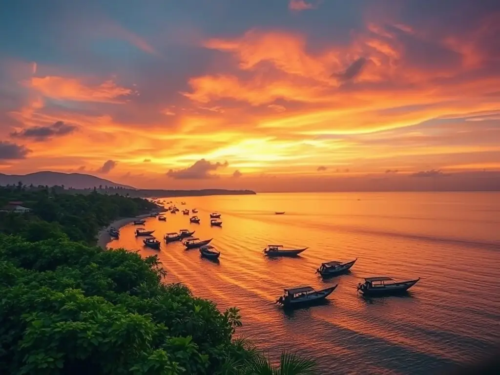 A scenic sunset view of Kozhikode's coastline with fishing boats and lush greenery.
