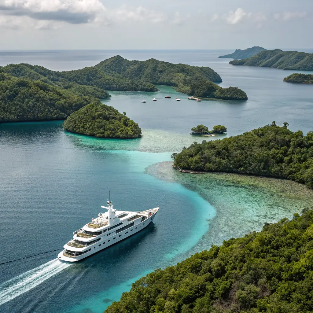 Aerial view of a luxury yacht gliding over crystal-clear turquoise waters near Antigua, with a lavish white and gold villa on the shoreline, sun-drenched and surrounded by lush tropical greenery. The image should exude elegance and exclusivity, suitable for a high-end travel website.