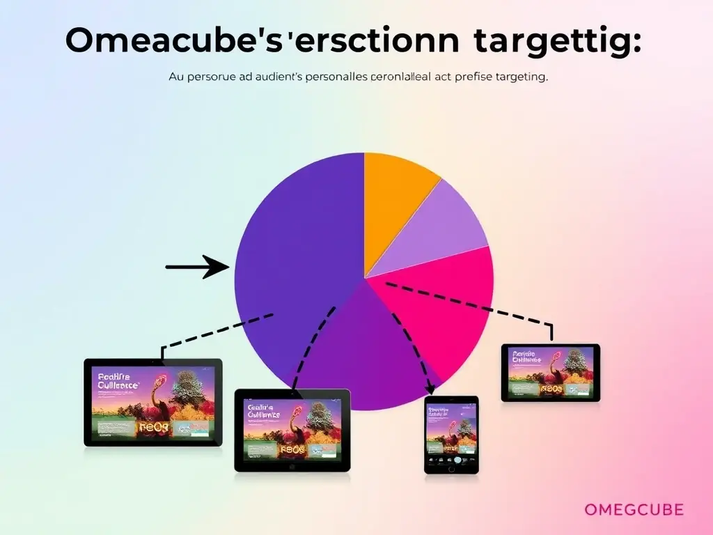 A graphic showcasing a segmented pie chart representing audience segmentation, with arrows pointing to personalized ad creatives on various devices, illustrating Omegacube's precision targeting capabilities.
