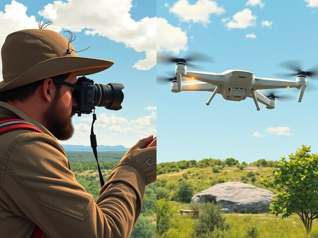 An image contrasting traditional, arduous photography methods with modern, efficient AI-powered solutions for capturing Texas State Parks.