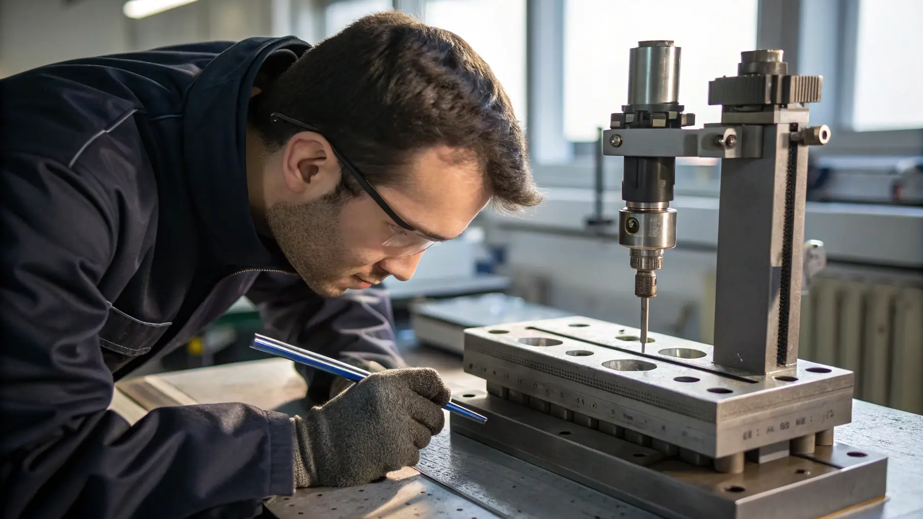 A close-up shot of a blue ductile iron valve with a quality control stamp, set against a backdrop of a modern testing laboratory. The image should convey precision and adherence to standards.