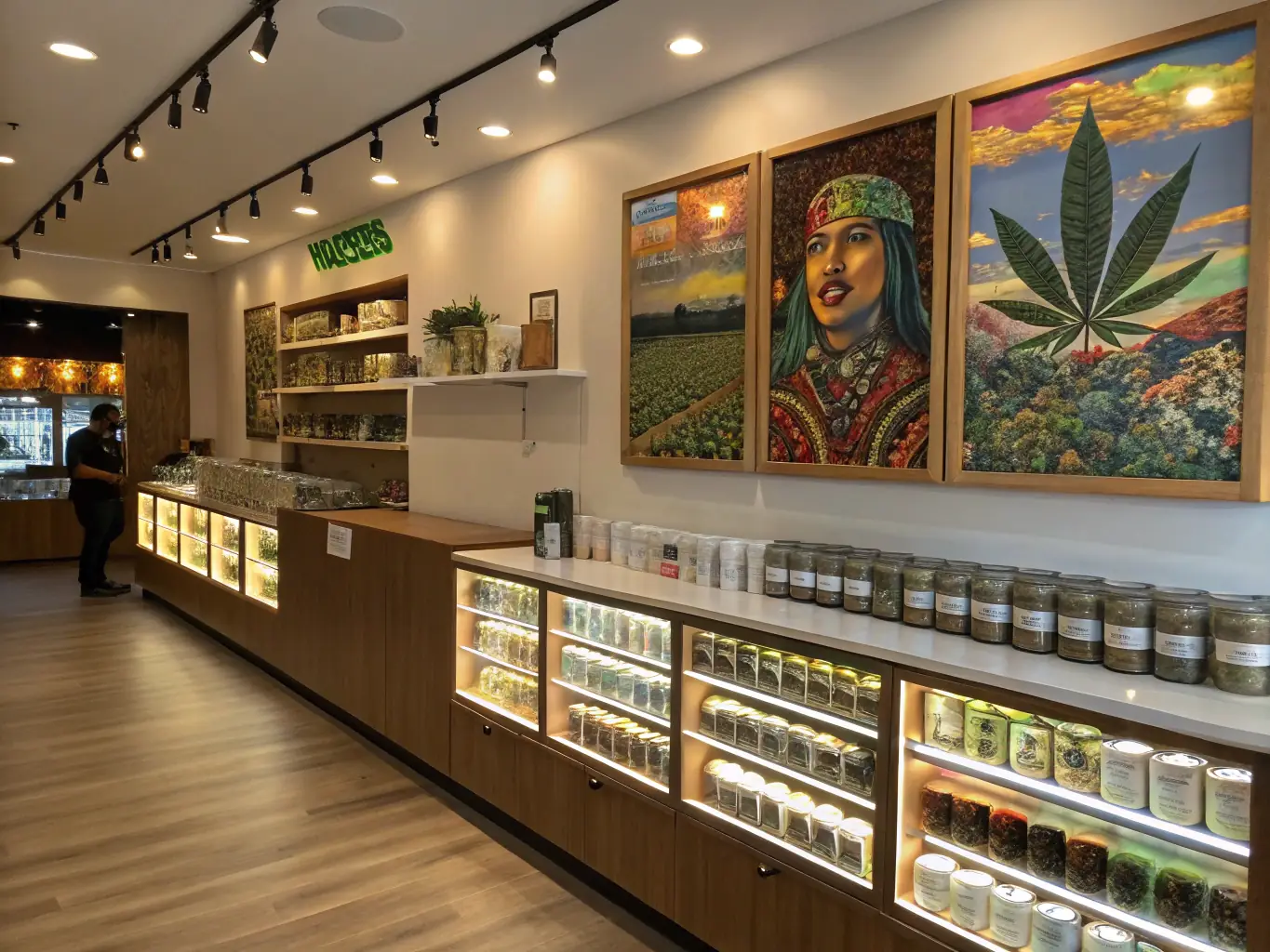 Interior of Green Legacy dispensary, showcasing a clean, modern design with well-lit displays of cannabis products and friendly staff assisting customers.