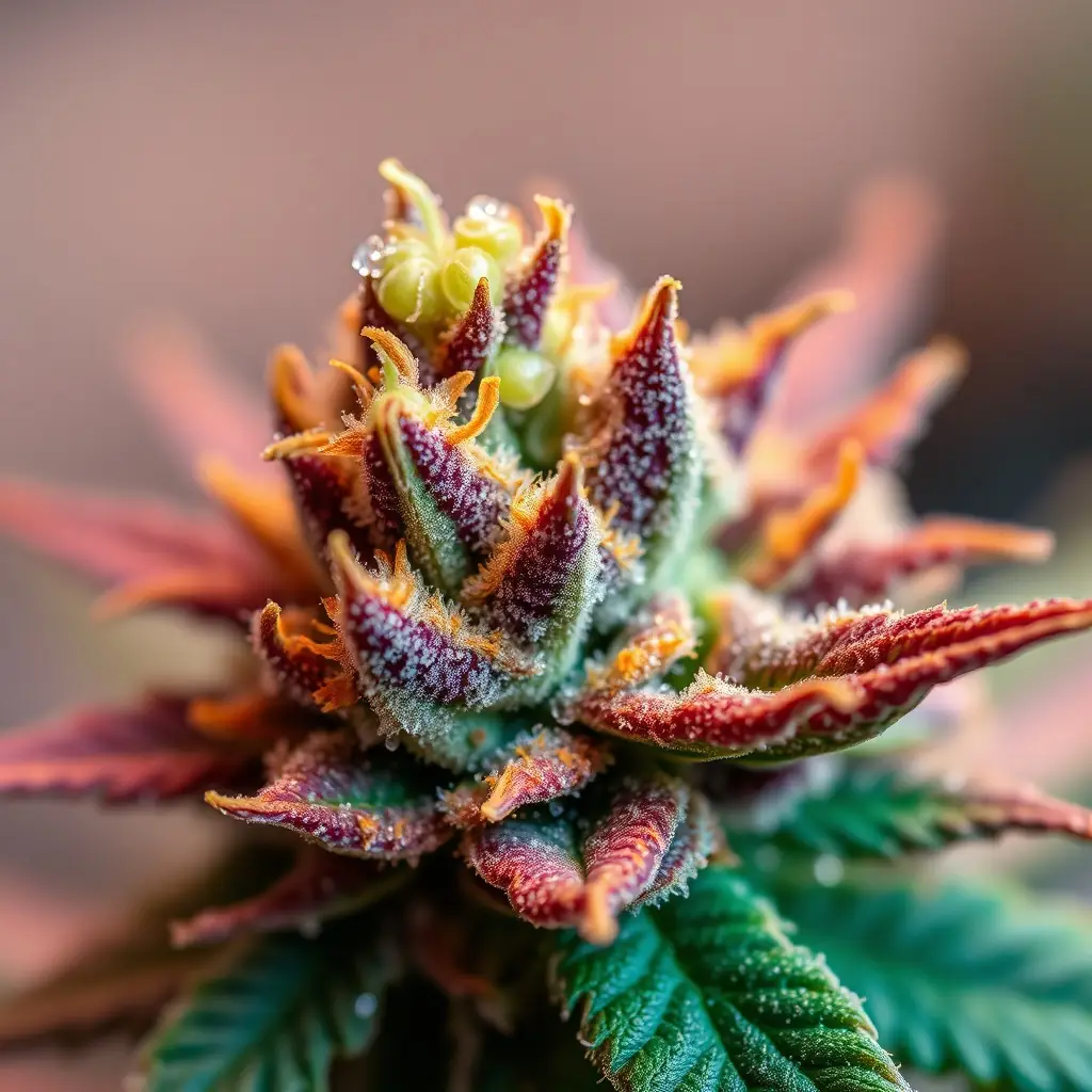 A close-up shot of Banana Breath Flower, showcasing its vibrant colors and trichome coverage, set in a well-lit studio to emphasize its premium quality. The image should convey the strain's exotic and appealing nature, suitable for a cannabis dispensary website.