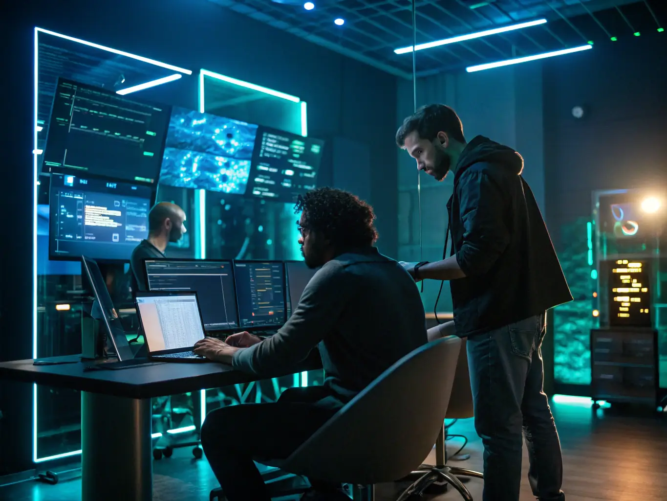 AI innovation hub with collaborative workspace and data visualization