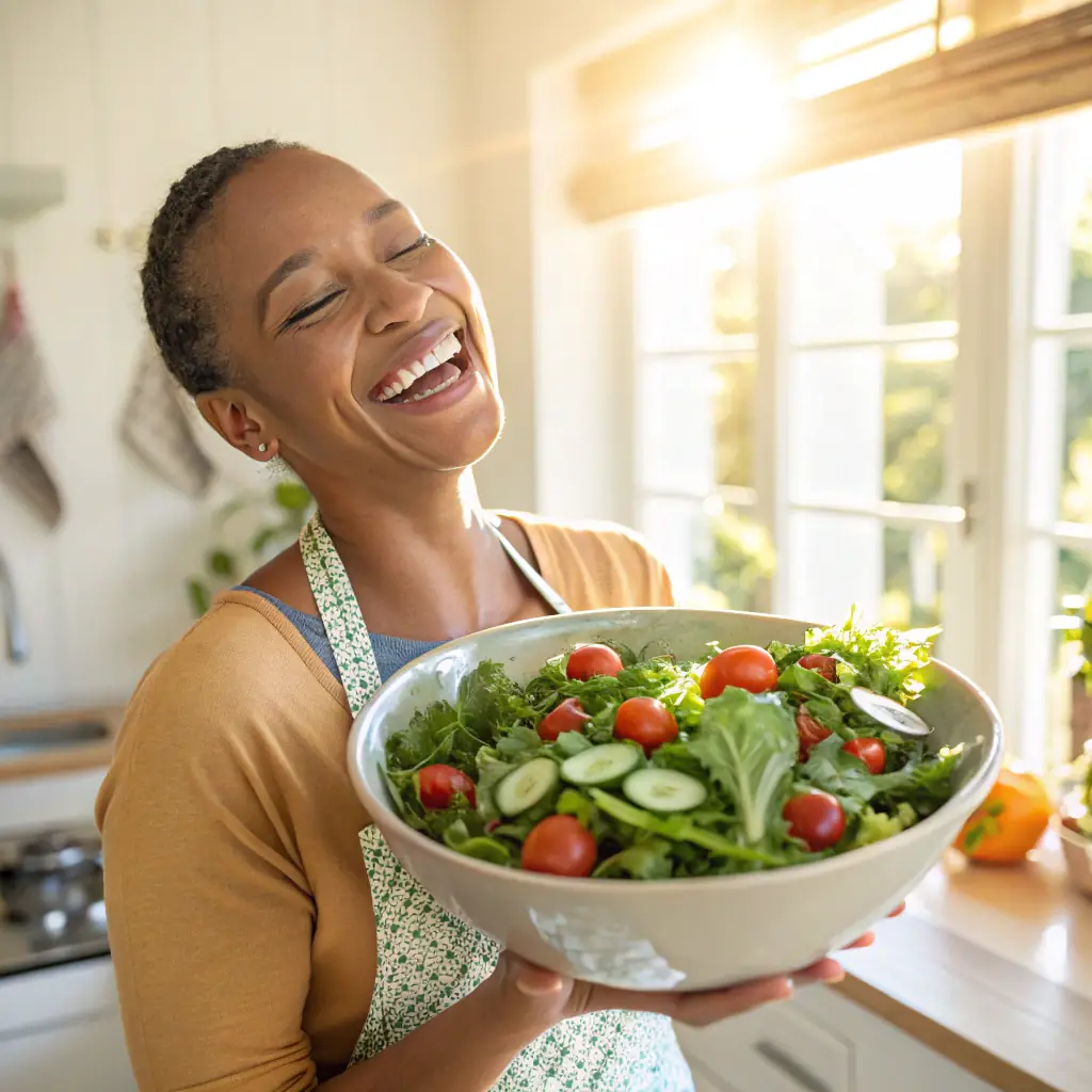 A person happily eating a healthy salad, symbolizing healthy eating.