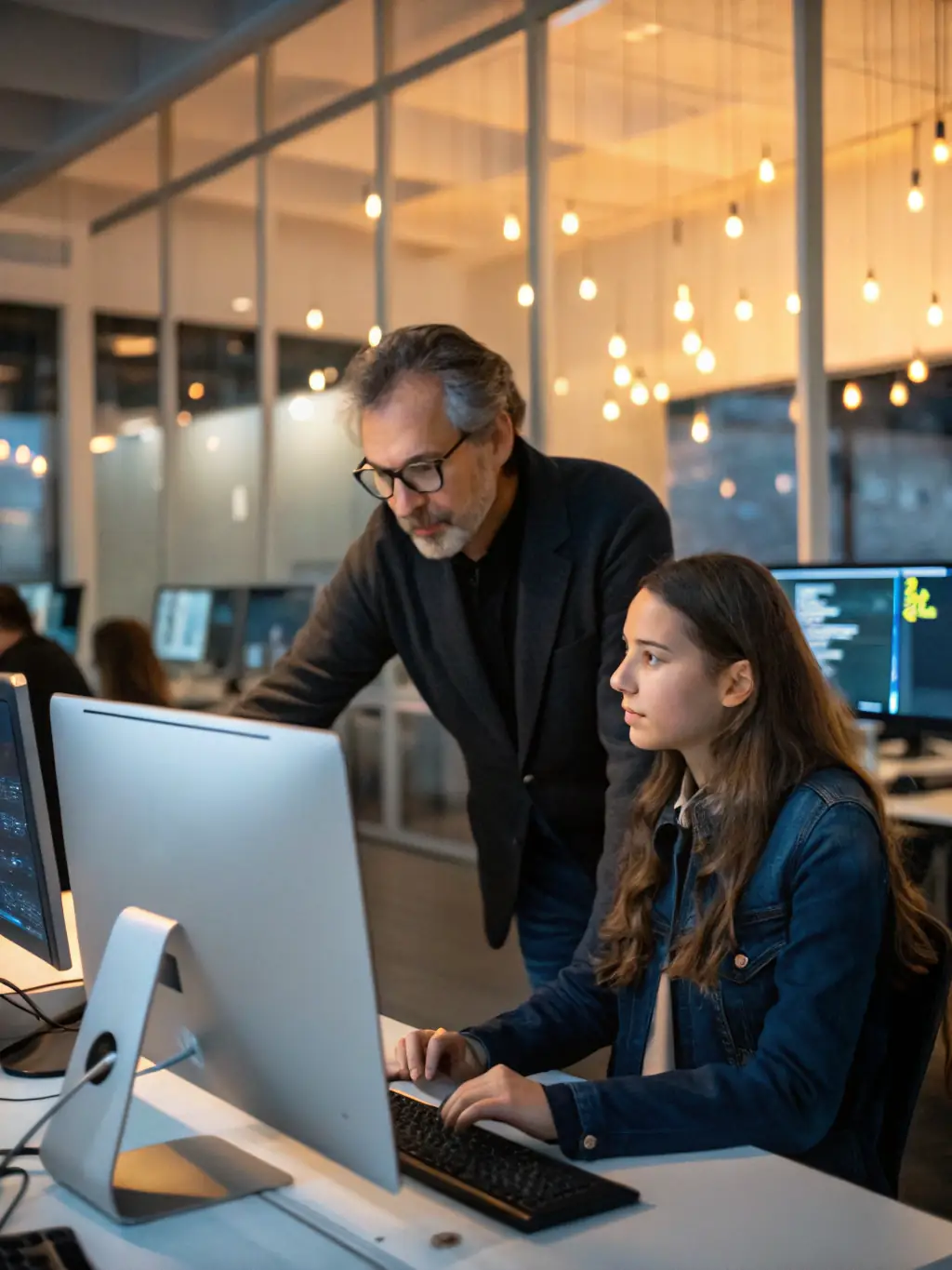 An image of a mentor figure (can be an AI avatar) guiding a group of smaller company logos, symbolizing proactive advisory support, with a focus on targeted assistance.