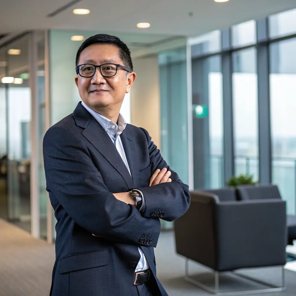 Dr. Sharma has short, wavy black hair and wears stylish glasses, exuding intelligence and confidence.