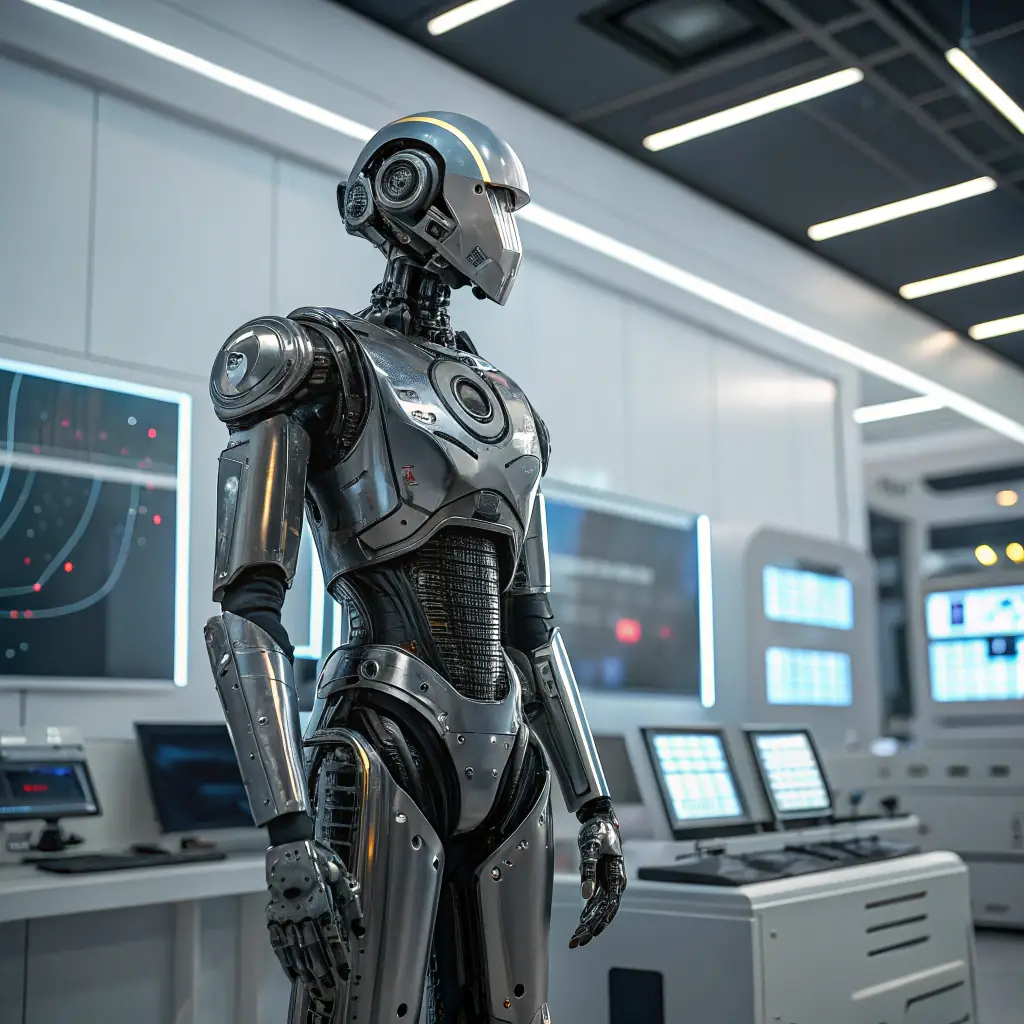 A golden robot with a polite expression.