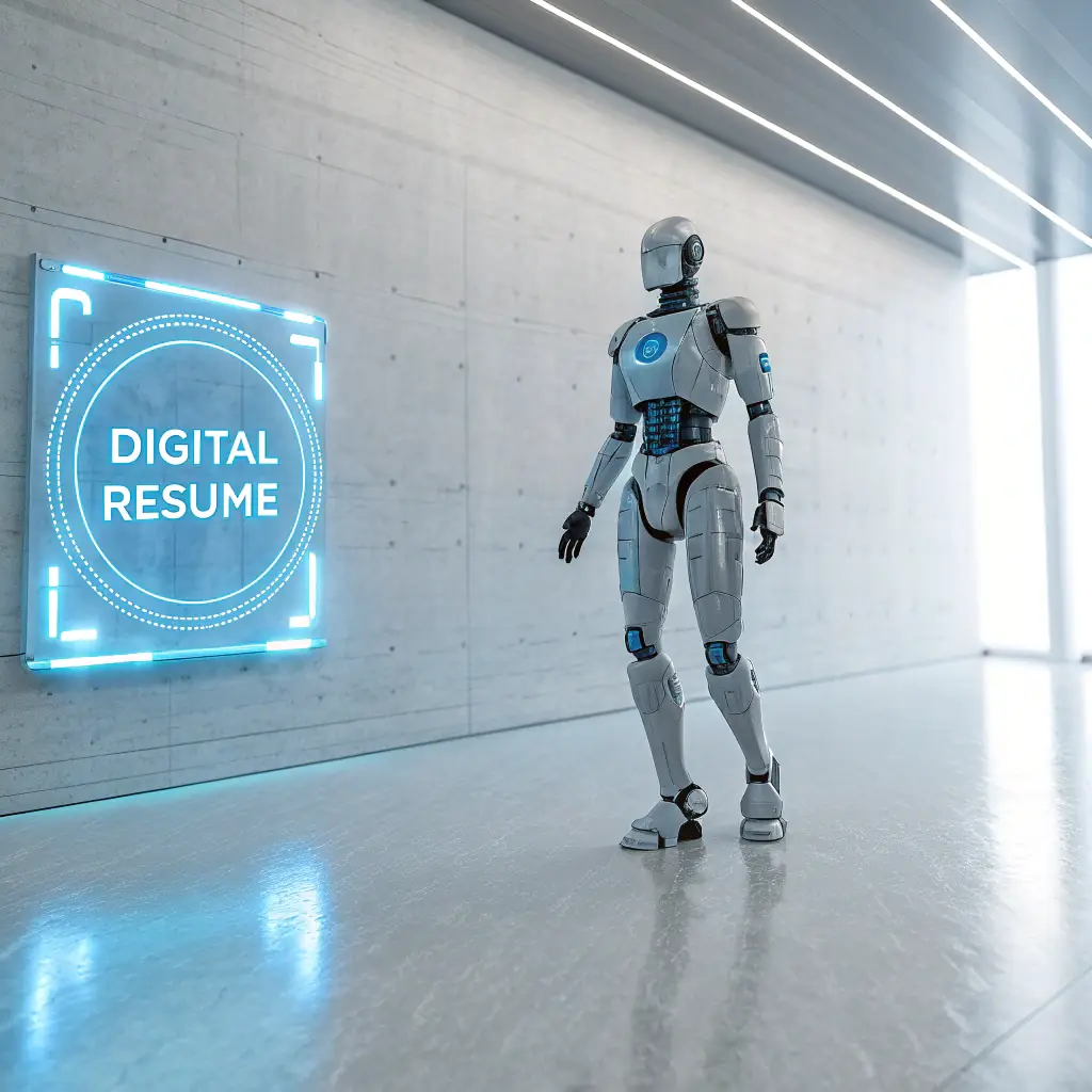 A friendly looking robot with blue and white panels.