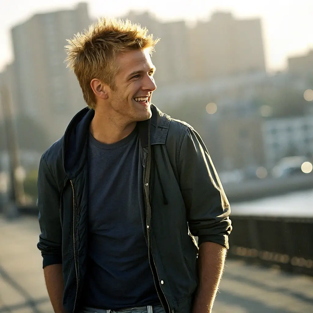 A young man with blond hair and a determined look.