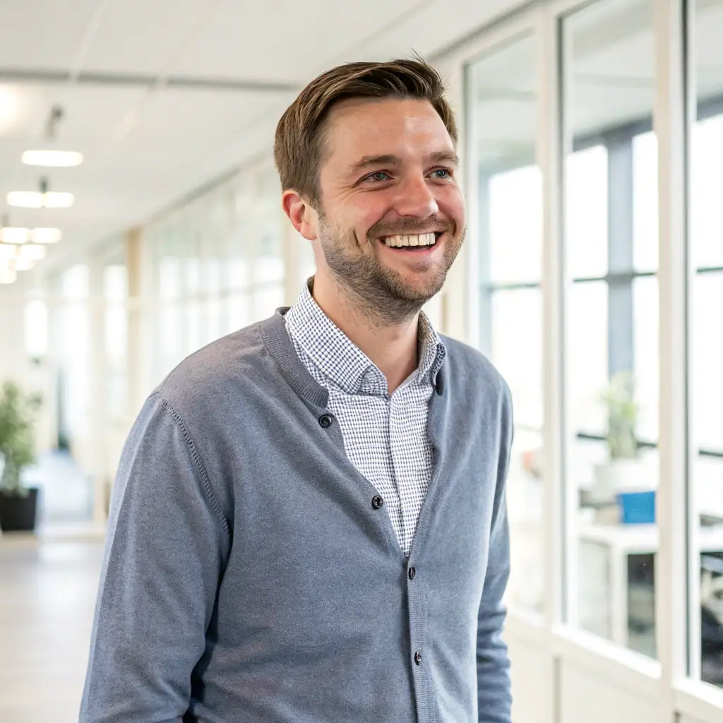 Ben is a young man with a neatly trimmed beard and a friendly smile, dressed in a casual yet professional manner.