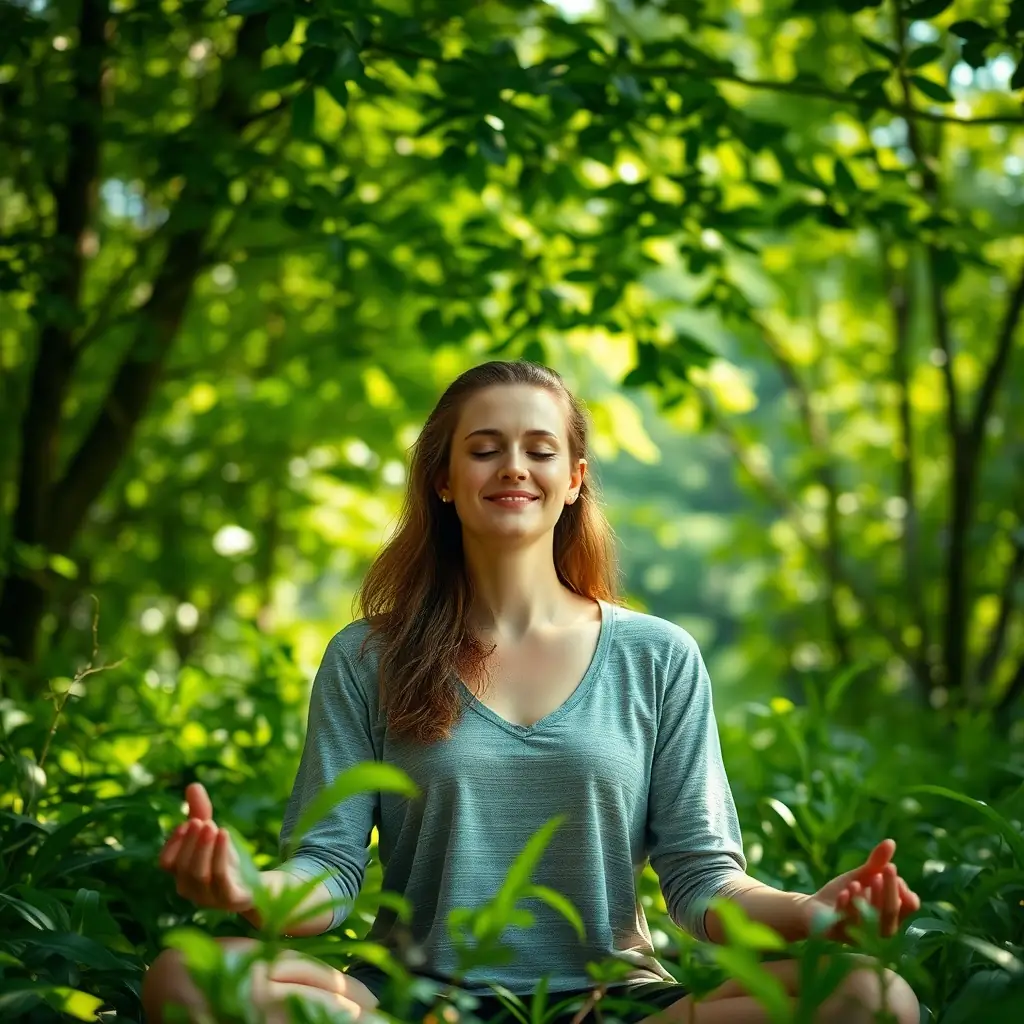 A serene, high-resolution image of a meditative yoga session in a lush, natural setting, emphasizing tranquility and spiritual focus, suitable for the left side of the section.