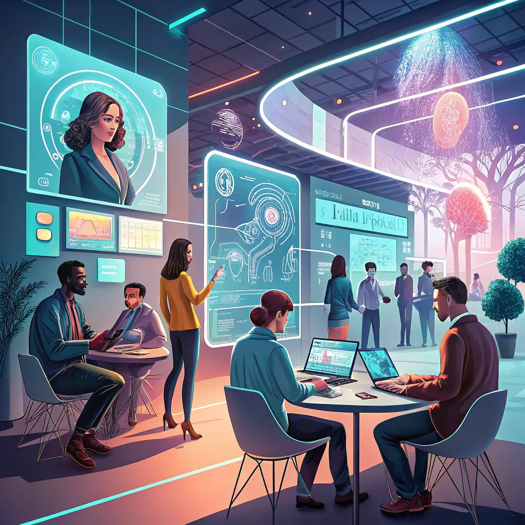 A digital illustration depicting a rooftop meeting at SpaceX Starbase in 2025. Elon Musk's AI team is collaborating with representatives from Yahoo, Google, Bing, Facebook, X, and other top AI companies. A light saber is metaphorically used to represent innovative content strategies, and R2-D2 symbolizes the AI-driven insights used by OmegaQube.