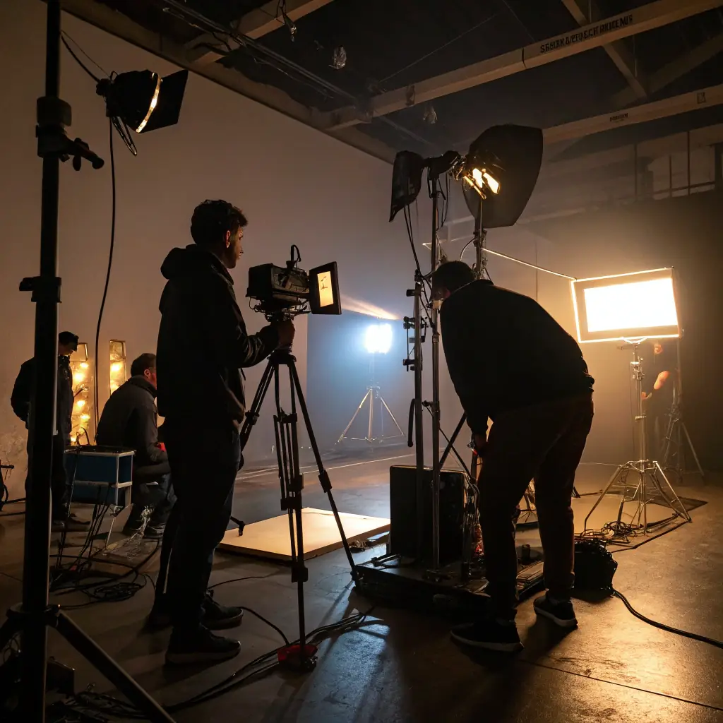 A cinematic shot of high-end cinematic equipment in a professional studio setting, with a subtle vertical red gradient fade at the edges.