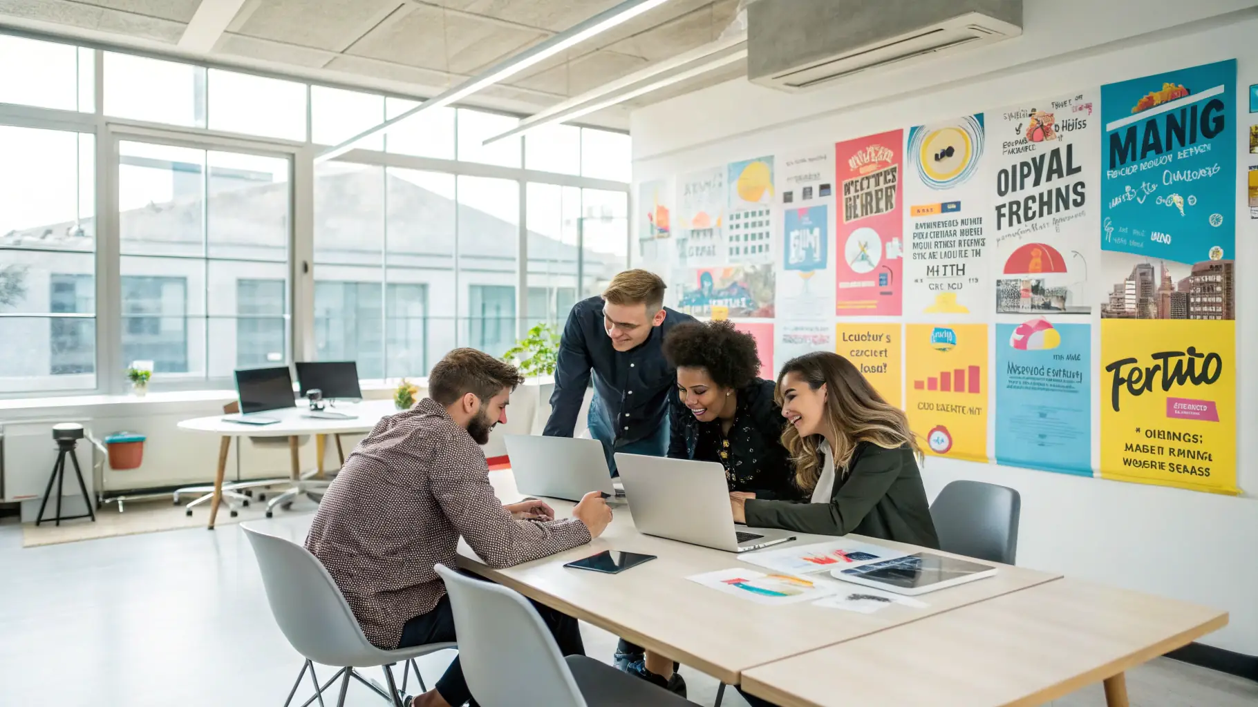A vibrant image showcasing a modern digital marketing workspace with team members collaborating, emphasizing innovation and expertise in SEO, web design, and AI technology.