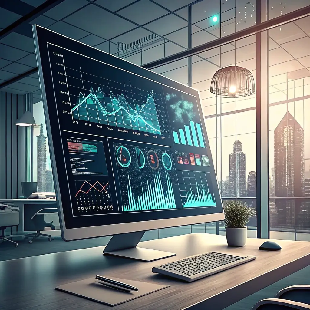 A futuristic data analytics dashboard with AI robots analyzing website traffic and performance metrics for an online digital product store, showcasing OmegaQube's data-driven approach.