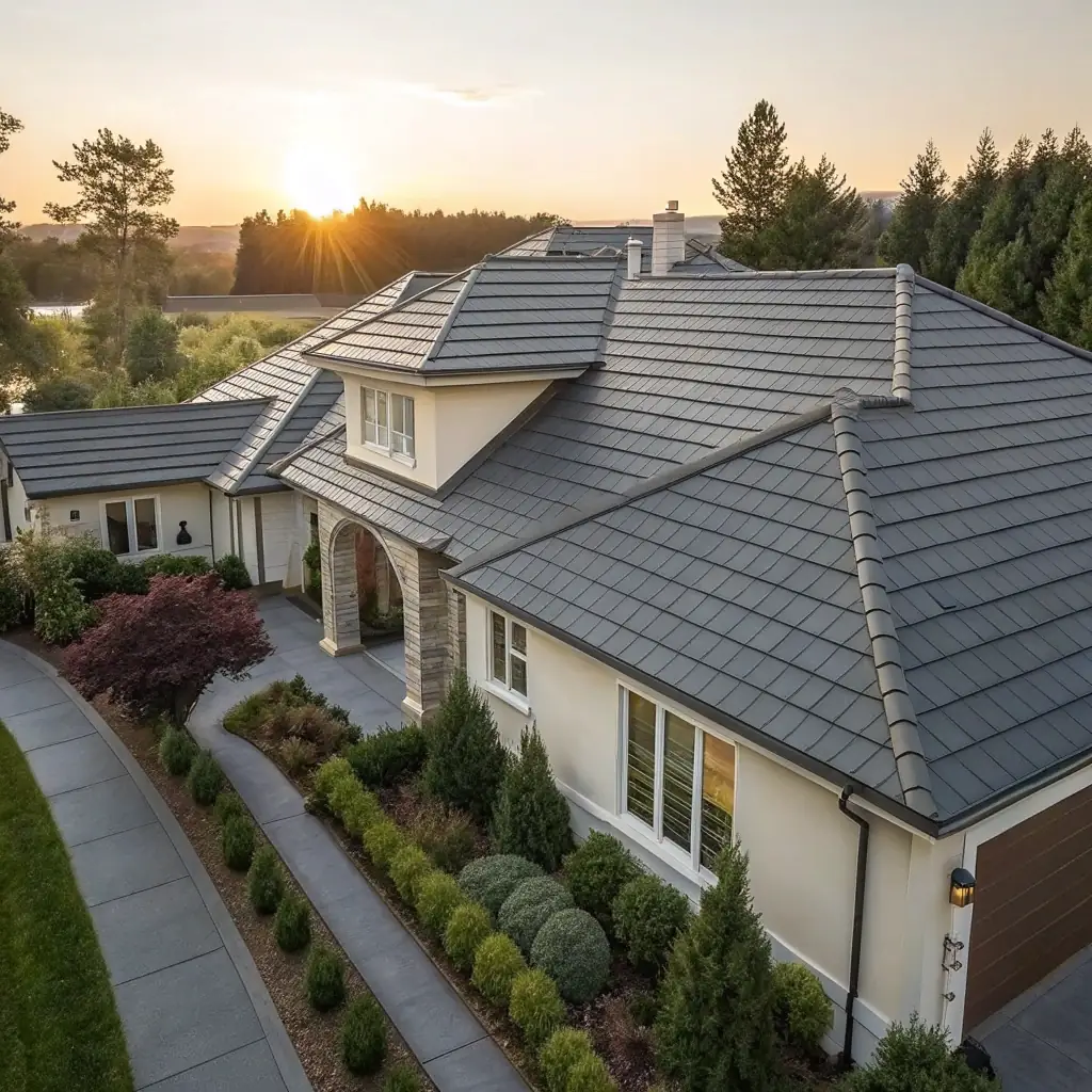 A modern, high-resolution photograph showcasing a recently completed residential construction project by Wilson and Sons Construction in Oklahoma City. The house should have a new roof and siding, highlighting the quality of their work. The image should convey a sense of home and craftsmanship.